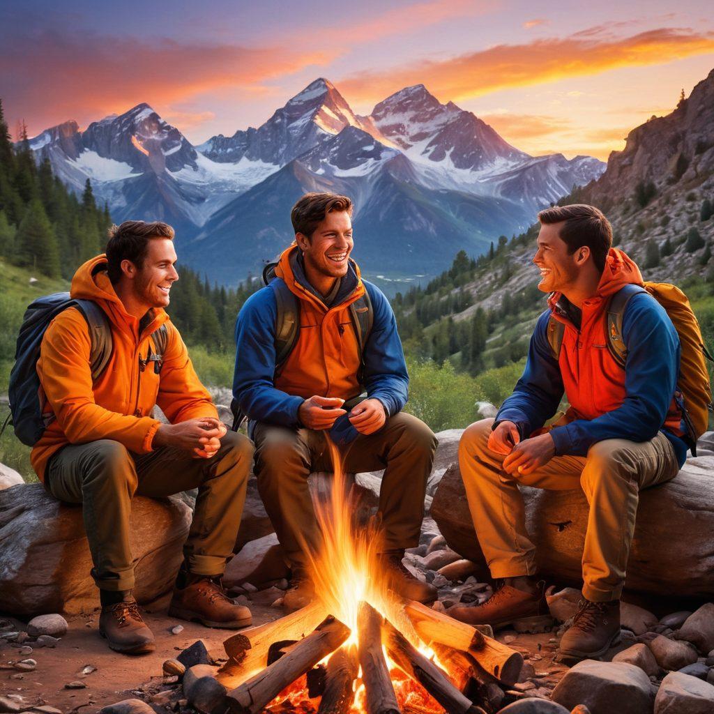 A vibrant scene of diverse men engaged in various adventurous activities, such as hiking, laughing around a campfire, and playing games, showcasing deep bonds of friendship. The backdrop should be a breathtaking nature landscape, with mountains and a sunset enhancing the sense of freedom and joy. Include dynamic expressions and interactions that convey camaraderie and fun. super-realistic. vibrant colors. 3D.