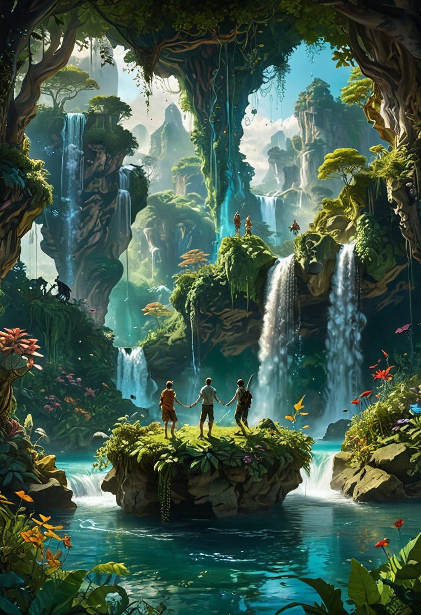 A whimsical scene depicting a group of diverse heterosexual men embarking on a fantastical journey, blending elements of trance with vibrant landscapes filled with dreamlike elements like floating islands, swirling colors, and abstract shapes. Each man showcases unique emotions, illustrating their personal triumphs, with whimsical creatures accompanying them. The sky is alive with swirling patterns and bright strokes representing their transformative experiences. surreal art. vibrant colors. dreamy atmosphere.