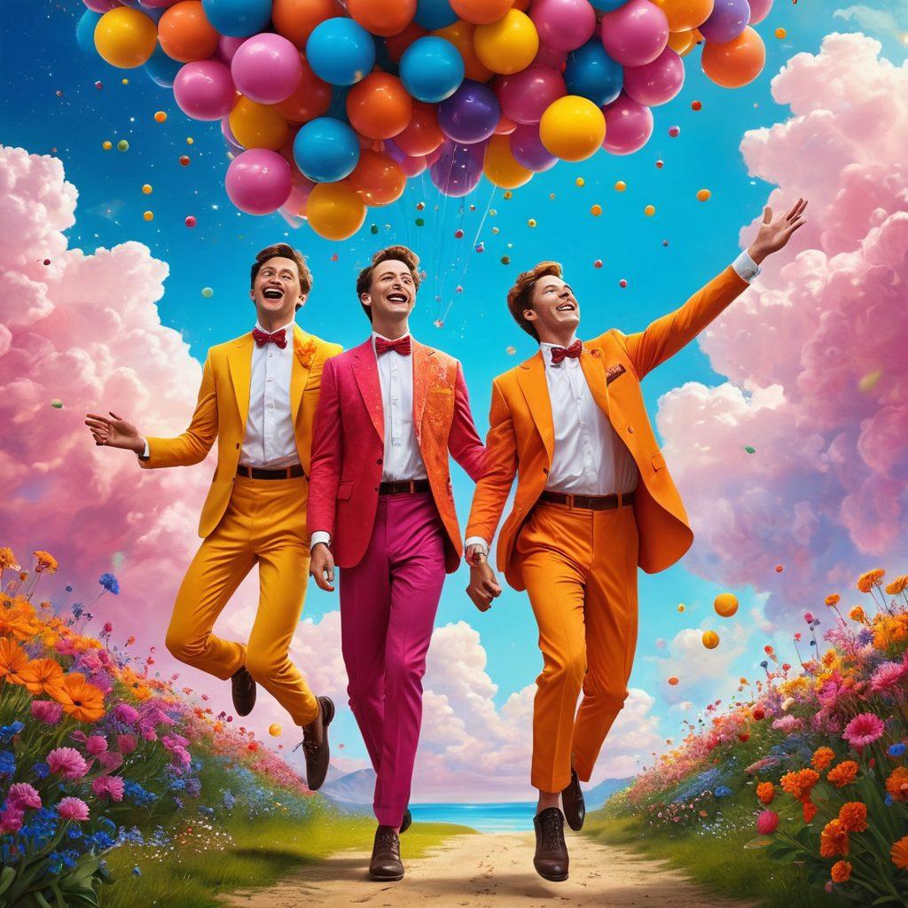 A whimsical scene featuring a group of joyful straight guys in colorful, fun outfits, captivated in a playful hypnotic trance. They are engaging in light-hearted adventures like juggling, dancing, and exploring a fantastical landscape filled with dreamy elements like floating clouds and sparkling stars. The atmosphere is vibrant and cheerful with a touch of surrealism, reflecting pure bliss and laughter. Dazzling colors and exaggerated expressions enhance the whimsical vibe of the illustration. super-realistic. vibrant colors. fantasy art.